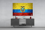 Flag of Ecuador glass wall art catching light to reveal its painted stone-grunge