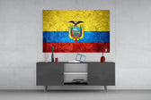 Flag of Ecuador glass wall art catching light to reveal its painted stone-grunge