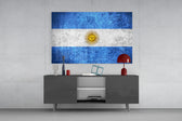 Flag of Argentina glass wall art catching light to reveal its painted scratched-metal grunge