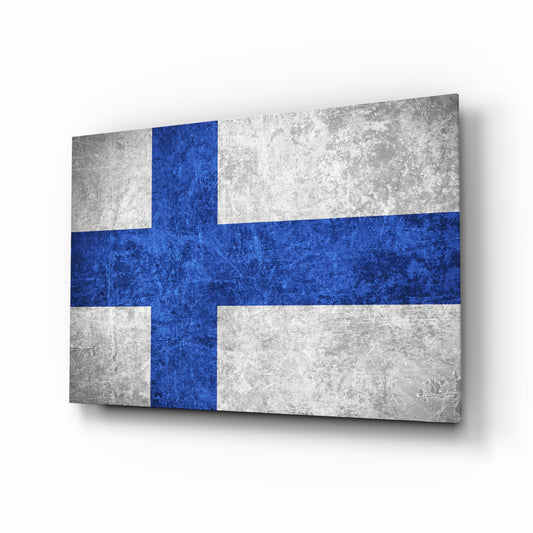 Flag of Finland glass wall art in a modern home office