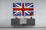 Flag of United Kingdom glass wall art catching light to reveal its painted scratched-metal grunge
