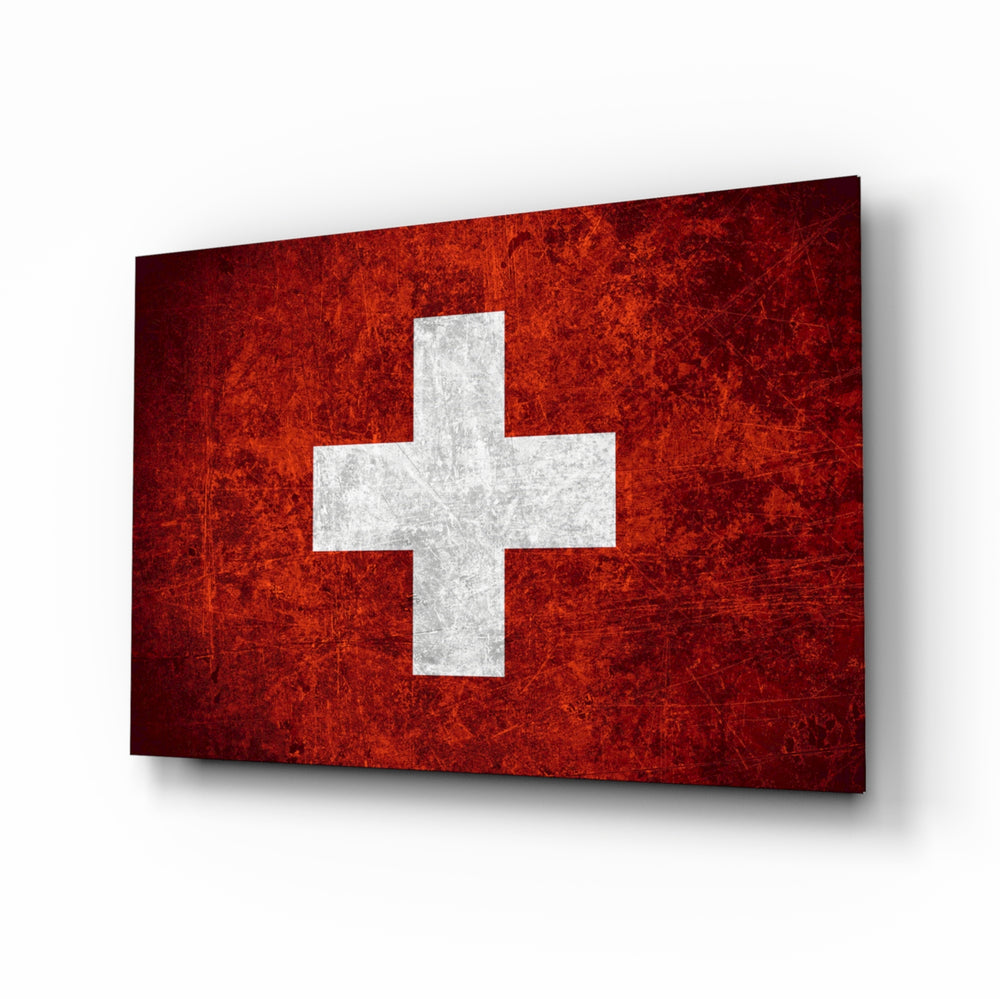Flag of Switzerland glass wall art in a modern home office
