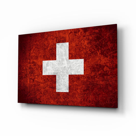Flag of Switzerland glass wall art in a modern home office