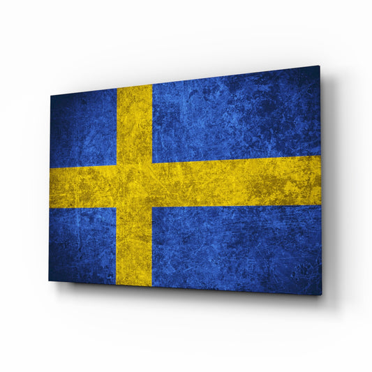 Flag of Sweden glass wall art in a modern home office