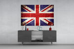 Flag of United Kingdom glass wall art catching light to reveal its painted concrete-grunge