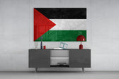 Flag of Palestine glass wall art catching light to reveal its painted edge