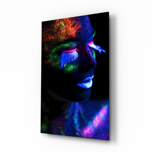 Neon Make Up glass wall art in a modern vanity space