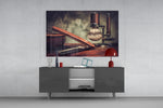 Vintage Shave glass wall art catching light to reveal its painted sepia tones