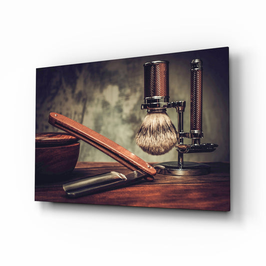 Vintage Shave glass wall art in a modern barbershop