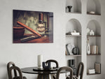 Cinematic still-life print bringing barbershop edge to a dressing room