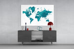 World Map glass wall art catching light to reveal its painted teal tones