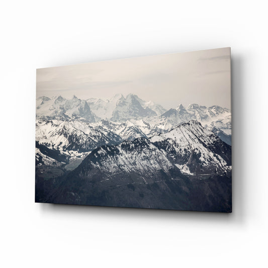 Snowy Mountains glass wall art in a modern living room