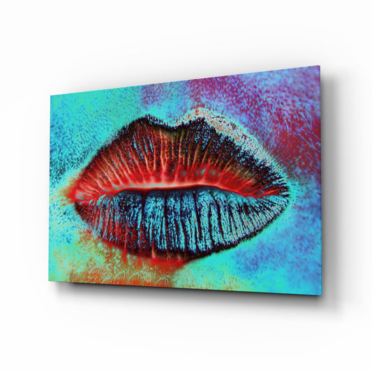 Lips glass wall art in a modern vanity space