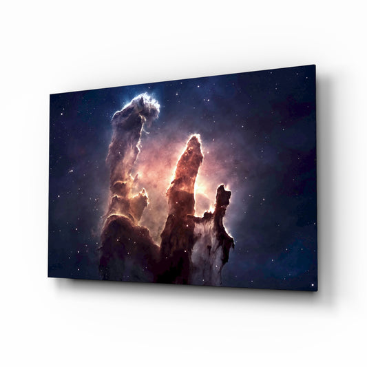 Space Clouds glass wall art in a modern study
