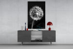 Dandelion glass wall art catching light to reveal its painted ivory fibres