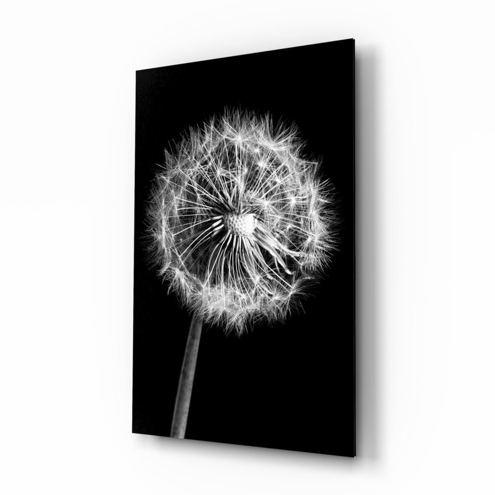 Dandelion glass wall art in a modern bedroom