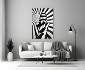 Close-up detail of zebra-stripe shadow and sunburst behind glass