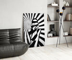 Cinematic editorial print bringing op-art edge to a studio