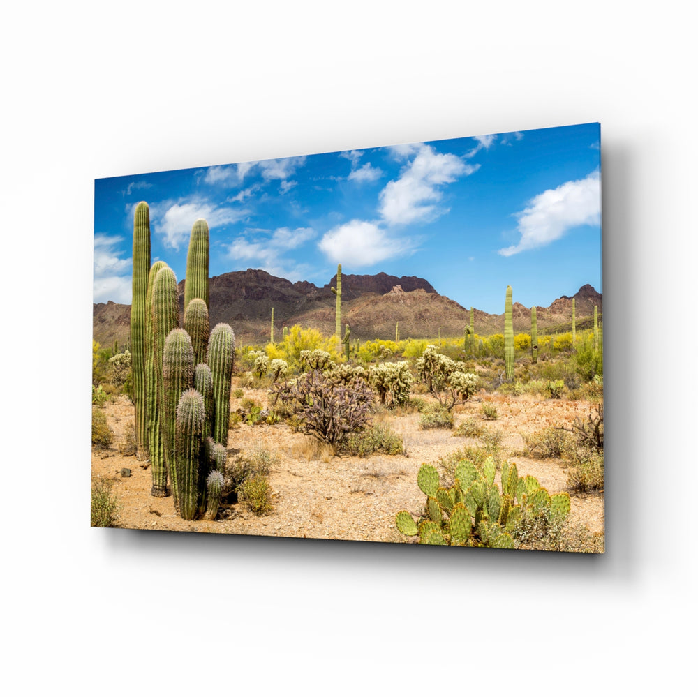 Cactuses glass wall art in a modern living room