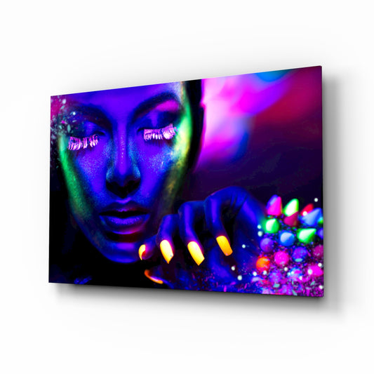Neon Woman glass wall art in a modern vanity space