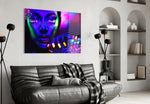 Neon Woman artwork styled in a bedroom interior