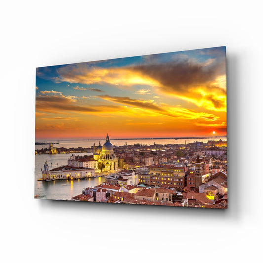 Sunset in Venice glass wall art in a modern living room
