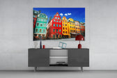 Stockholm House View glass wall art catching light to reveal its painted gabled tones
