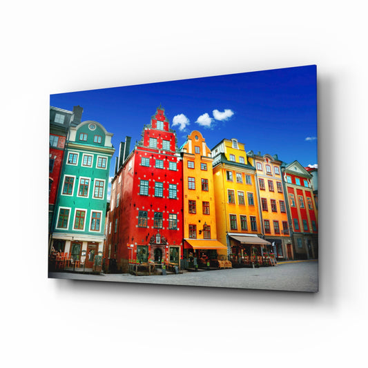 Stockholm House View glass wall art in a modern living room