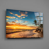 Tropical sunset panel anchoring a coastal-themed bedroom wall