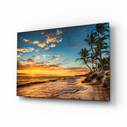 Beach Cruise glass wall art in a modern living room