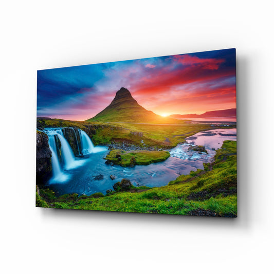 Kirkjufellsfoss Waterfall and View glass wall art in a modern living room