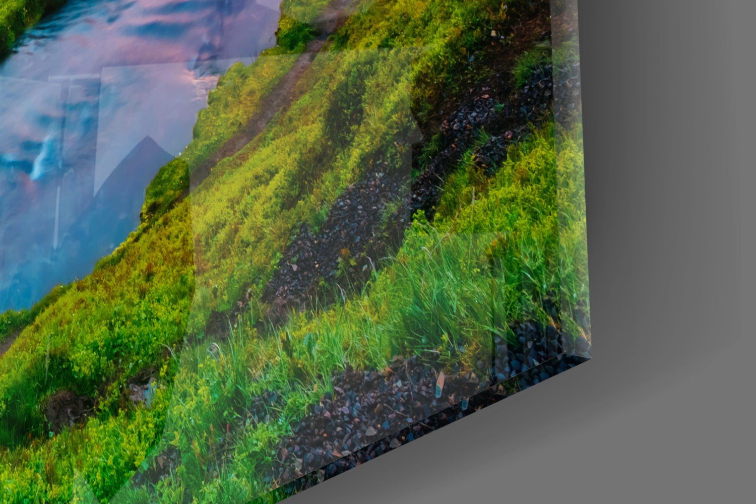 Kirkjufellsfoss Waterfall and View Glass Wall Art.