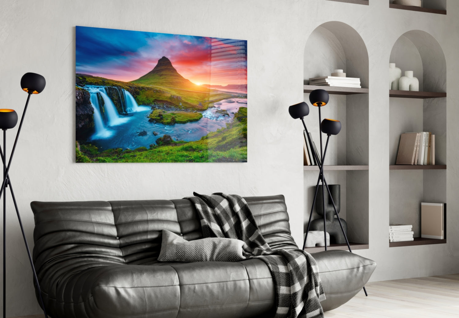 Kirkjufellsfoss Waterfall and View Glass Wall Art.