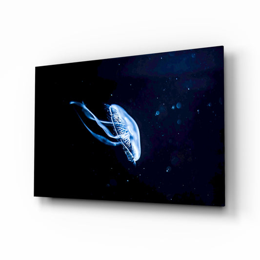 Jellyfish glass wall art in a modern study