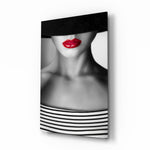 Red Lips Portrait glass wall art in a modern salon