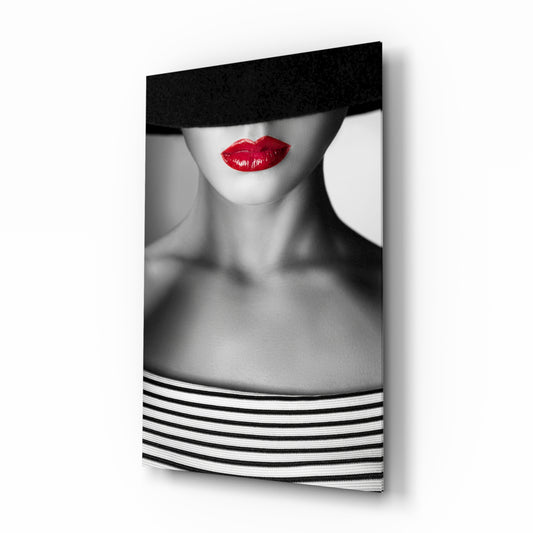 Red Lips Portrait glass wall art in a modern salon