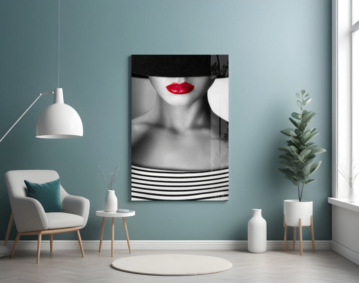 Red Lips Portrait Glass Wall Art.