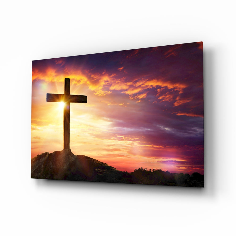Cross glass wall art in a modern living room