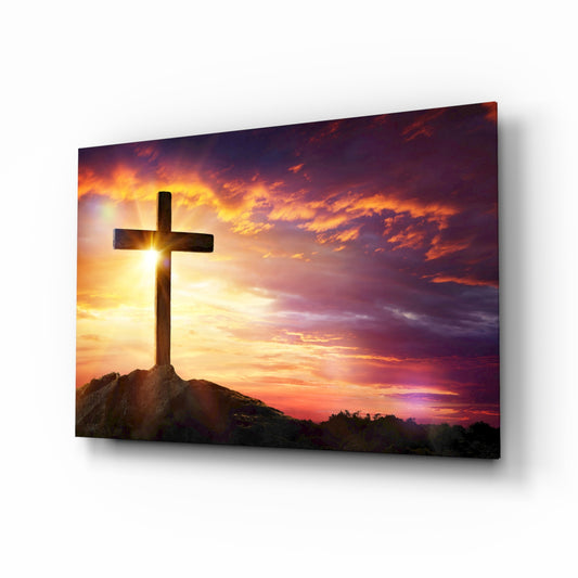Cross glass wall art in a modern living room