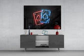Ace and Joker glass wall art catching light to reveal its painted neon-tubes