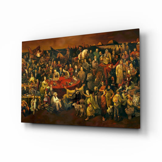 101 Famous People glass wall art in a modern study