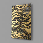 Fluid-art panel anchoring a master bedroom wall