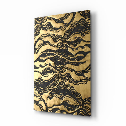 Golden Waves glass wall art in a modern living room