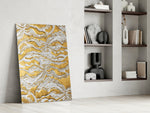 Abstract dikey panel against an ivory-painted accent wall