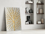 Abstract dikey panel against an ivory-painted accent wall