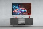 Abstract Art glass wall art catching light to reveal its painted neon halo