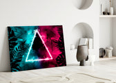 Close-up detail of ivory neon triangle and cyan-magenta vapour behind glass