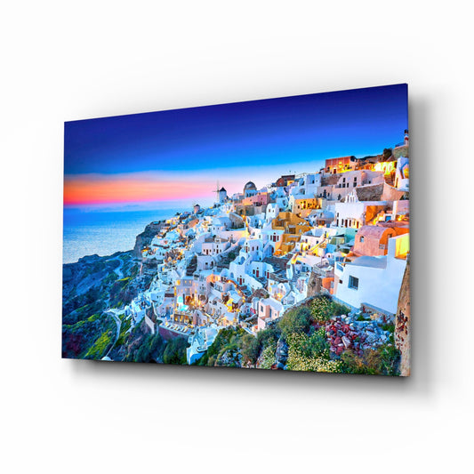 Santorini glass wall art in a modern living room