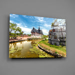Travel panel anchoring a hotel-styled lounge wall