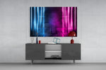 Abstract Art glass wall art catching light to reveal its painted neon corridor